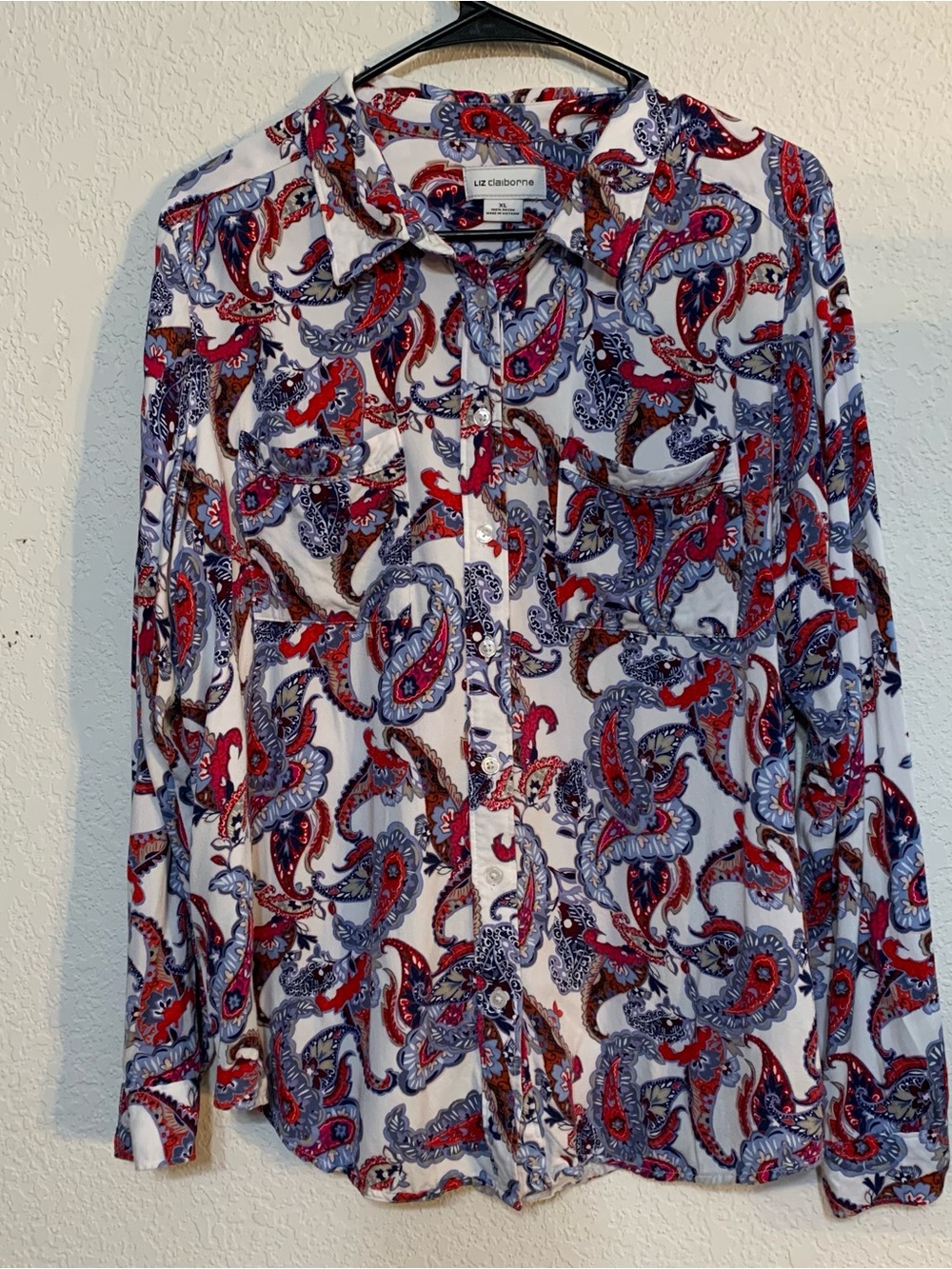 Liz Claiborne White Button-Down Shirt with Red, Blue & Brown Paisley size XL